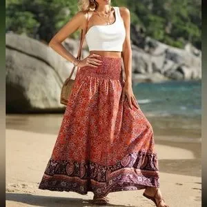 ★赤字セール/即発★BCBGeneration Floral Print Maxi Skirt ★ Skirts | Boho Floral Print Shirred High Waist Maxi Skirt